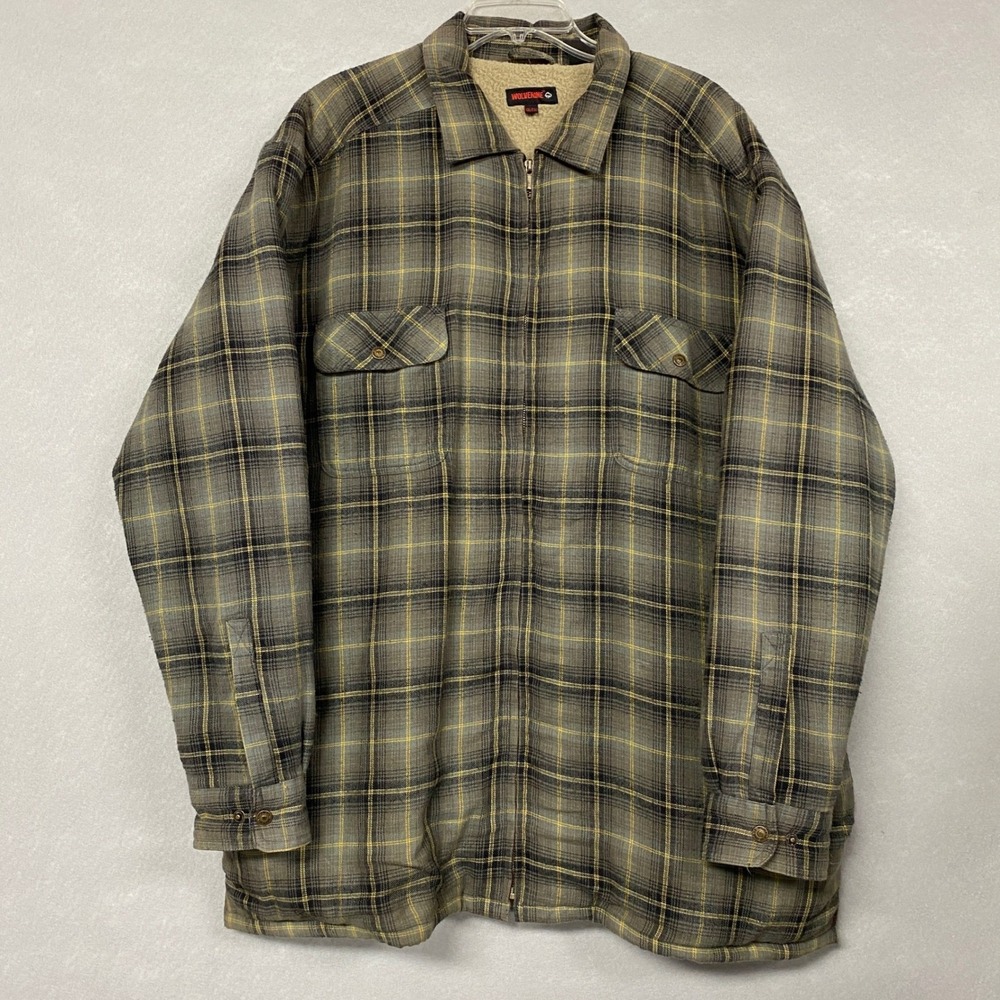Wolverine Mens XXL Jacket Gray Plaid Fleece Lined Flannel Shacket Zip Up Warm